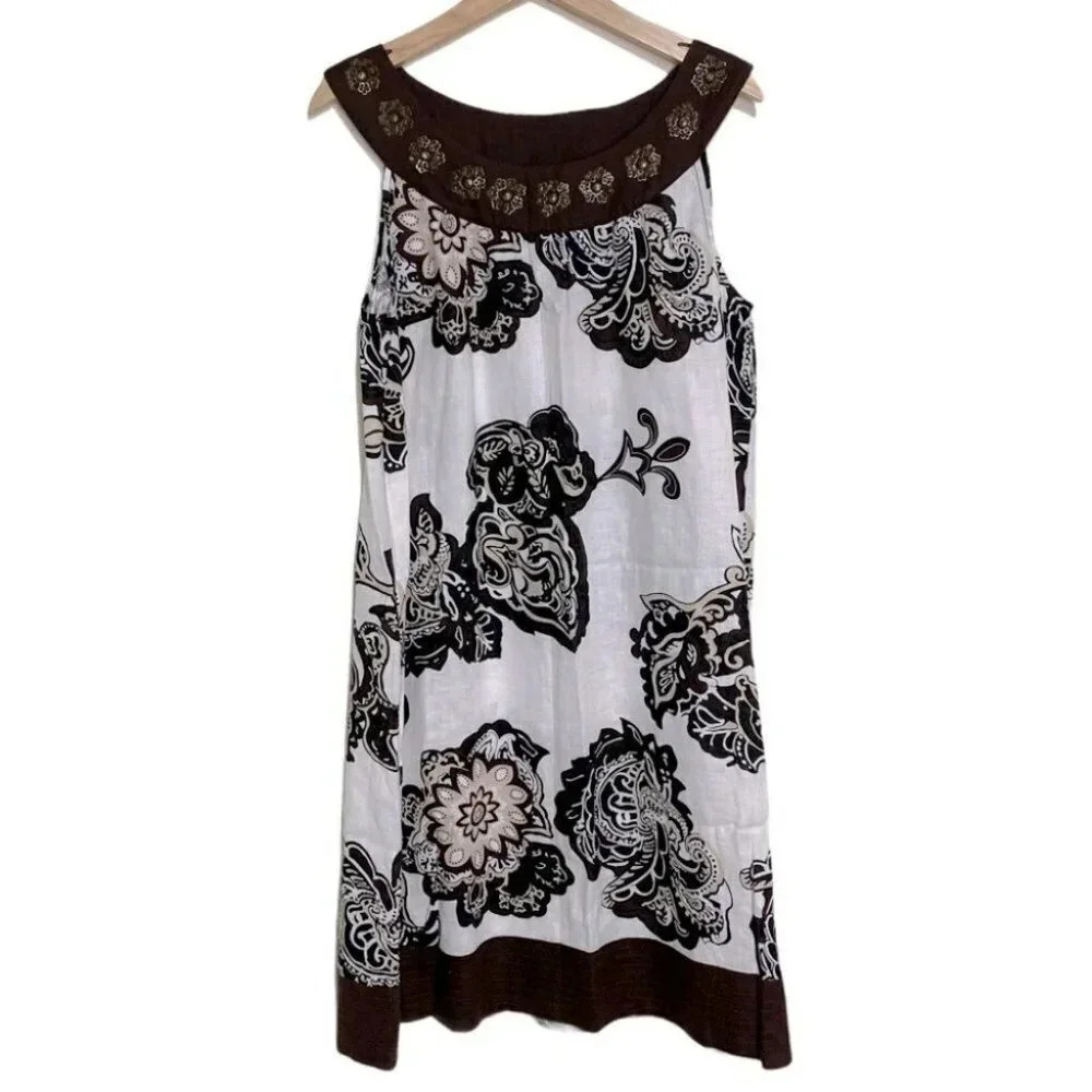 Style & Co Linen Shift Dress 10 White Brown Floral Beaded Embellished Sleeveless